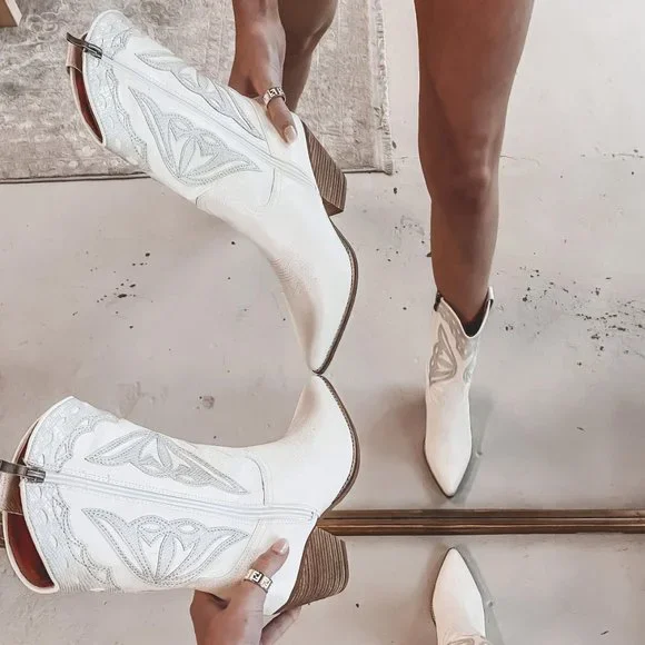 White Iridescent Metallic Applique Pointy Toe Block Heel Cowgirl Western Boots - Picture 14 of 15